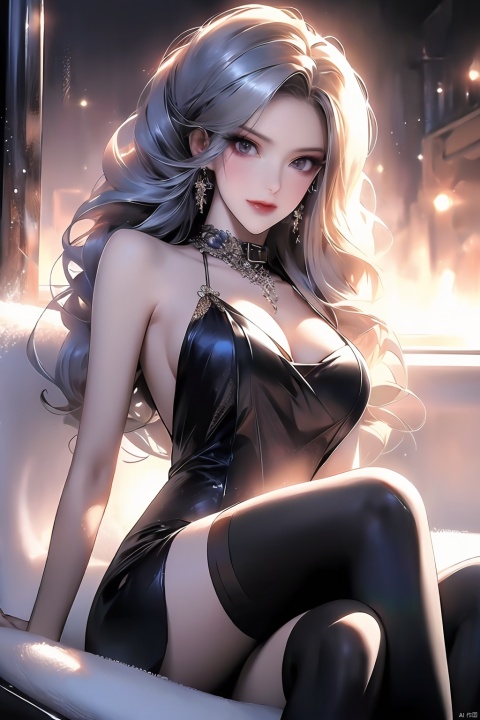  best quality,HDR,UHD,8K,anime,huge breasts,(floating hair:1.4)Vivid Colors,solo,dress,shinyclothes,medium-shot,(1girl:1.5),(sitting:1.3),front view,soft light,(looking at viewer:1.6),Elegant,detailed gorgeous face,(bathtub background:1.1),white thighhighs,rainbow,sky,black eyes,