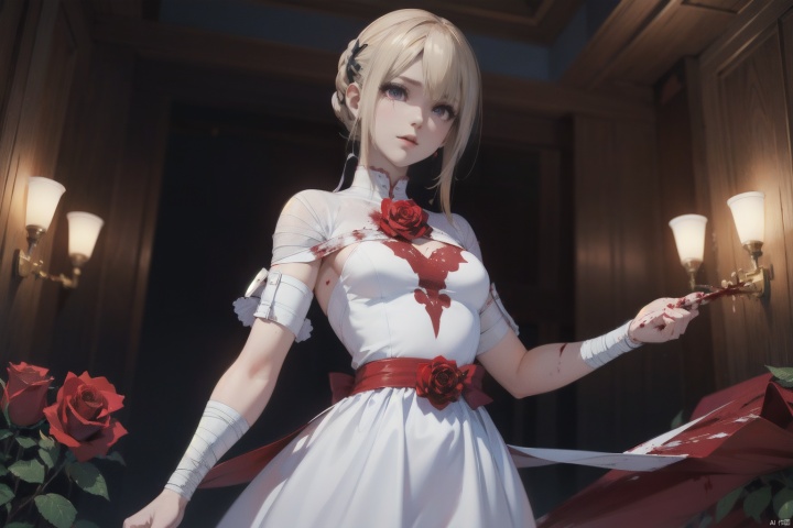 (masterpiece:1.2),best quality,masterpiece,highres,original,extremely detailed wallpaper,perfect lighting,(extremely detailed CG:1.2),drawing,1girl,floating|black hair,(white_dress:1.2),(blood:1.3),bandage,glowing|red eyes,masterpiece,best quality,(rose:1.3),dynamic pose,dynamic angle, marie rose
