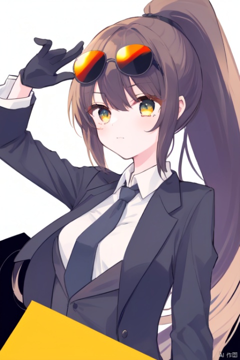 A girl，sunglasses，Black suit，tie，high ponytail，Black gloves