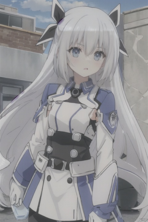 A girl，White hair，Blue eyes，White combat uniform