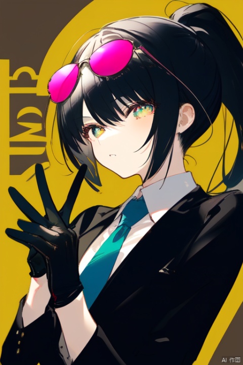 A girl，sunglasses，Black suit，tie，high ponytail，Black gloves