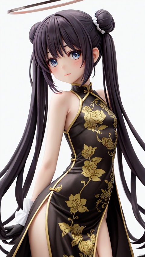  1girl, solo, china dress, chinese clothes, dress, halo, long hair, twintails, white background, hair bun, simple background, gloves, hair ornament, looking at viewer, black dress, bare shoulders, double bun, butterfly hair ornament, grey eyes, bangs, black gloves, blush, off shoulder, flat chest, closed mouth, sleeveless, sleeveless dress, purple hair, black hair, pelvic curtain, backlight, colors
