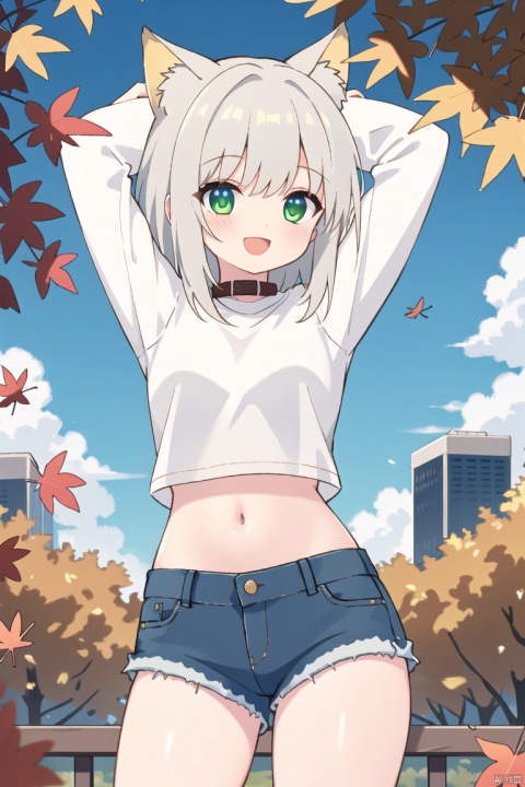  1girl, solo, long hair, breasts, looking at viewer, smile, open mouth, bangs, shirt, long sleeves, navel, holding, standing, yellow eyes, white shirt, white hair, :d, thighs, cowboy shot, outdoors, sky, shorts, day, midriff, cloud, stomach, arms up, blue sky, crop top, black shirt, short shorts, leaf, sunlight, denim, building, blue shorts, denim shorts, autumn leaves, crop top overhang, cutoffs, falling leaves, green eyes, sexy jeans, ((poakl))