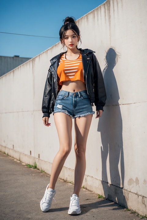 1girl, solo, looking at viewer, shirt, black hair, standing, jacket, full body, outdoors, shoes, shorts, midriff, striped, medium hair, arm up, crop top, short shorts, bare legs, watermark, white footwear, denim, sneakers, denim shorts, striped shirt, brick wall, traffic cone, between_breasts,sexy_breasts,whight complexion, orange lipstick, sexy long legs, 