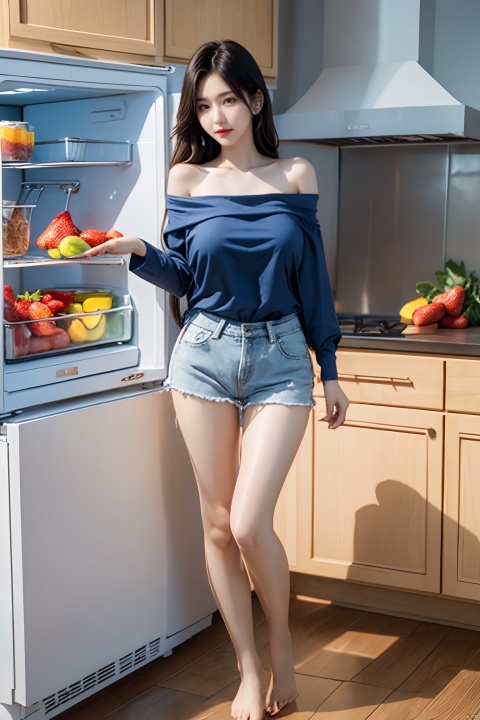  1girl, solo, long hair, shirt, black hair, standing, full body, barefoot, indoors, off shoulder, bare legs, blue shirt, rainbow, kitchen, refrigerator,sexy_breasts,whight complexion, orange lipstick,very long legs,strawberry panties