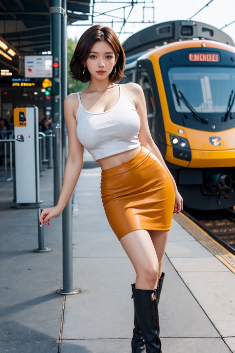1girl, solo, looking at viewer, short hair, skirt, brown hair, brown eyes, standing, boots, midriff, lips, denim, ground vehicle, pencil skirt, realistic, denim skirt, train station, between_breasts,sexy_breasts,whight complexion, orange lipstick, sexy long legs, 