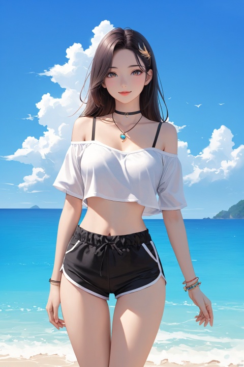  cowboy shot, Blue sky, white clouds, ocean,nai3, 1girl, shorts, solo, crop top, black shorts, choker, navel, shirt, midriff, crop top overhang, looking at viewer, white shirt, jewelry, breasts, bare shoulders, short shorts, off-shoulder shirt, off shoulder, black choker, thighs, stomach, hand on own thigh, long hair, bracelet, short sleeves, ribbon, hand up, collarbone, hair ribbon, medium breasts, standing, high-waist shorts, dolphin shorts, bra strap, , hair ornament, thigh gap, necklace, expressionless, , ,kind smile, , ,linyuner,(thigh thigh gap 1.5),