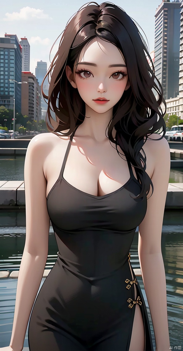  scenery,city,building, cityscape,skyscraper, night,city lights,outdoors,bridge,science fiction, water,chongqing,1girl,long hair, black hair, lips, realistic,Slip dress,neutral color palette minimalist jewelry,large breasts,cleavage, arafed image of a woman,very pretty model, chinese girl, she is korean, lariennechan, 1 8 yo, beautiful asian girl, lovely woman, pretty face, asian decent, slender girl, attractive girl, gorgeous chinese model,photoshop \(medium\), realistic,best quality, high quality, 