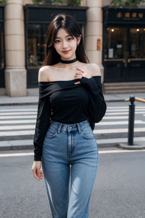 1girl, solo, long hair, breasts, looking at viewer, smile, shirt, black hair, bare shoulders, standing, choker, pointy ears, pants, off shoulder, sleeves past wrists, black shirt, chair, denim, jeans