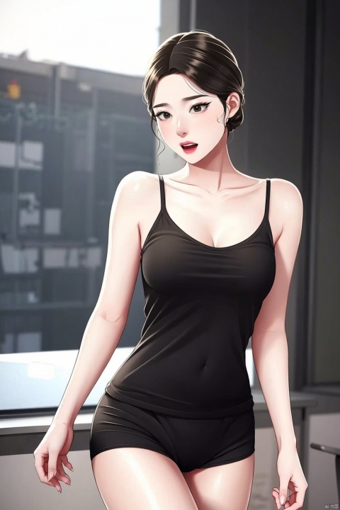  In front of the office desk,Camisole bra,yoga shorts,cowboy shot,- High-quality photography- Master's work- Detailed face description- Cute girl- Sexy pose- Fashionable woman- Confident expression- Photography- Center of focus is fashion.,in the dark,deep shadow, , sifang,