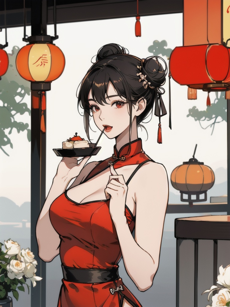  (holding food, dimsum),china dress,chinese clothes,double bun,back bow,black bow,bow,flower,pale skin,alive skin,hair between eyes,hair bun,hand to own mouth,hands up,lantern,open mouth,red dress,solo,(china cafe, cafe Theme),(large breasts),