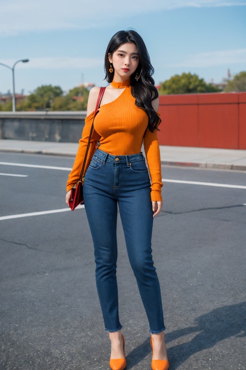 1girl, solo, long hair, looking at viewer, black hair, long sleeves, jewelry, standing, full body, shoes, pants, bag, phone, denim, red footwear, jeans, handbag, shoulder bag, blue pants, between_breasts,sexy_breasts,whight complexion, orange lipstick, sexy long legs, 