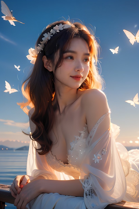  (((masterpiece))), ((best quality)), ((intricate detailed)),(\shen ming shao nv\), glowing butterfly, 1girl,from left side, long hair, blonde hair, white dress,Upper body to thighs, watery eyes,delicate detailed eyes,long hair,black hair mange style,long sleeve,flower headband,4k,8k,round eyes,round pupil,happy,colourful,fantasy magical,complex hair detail,happy,texture on clothings, girl