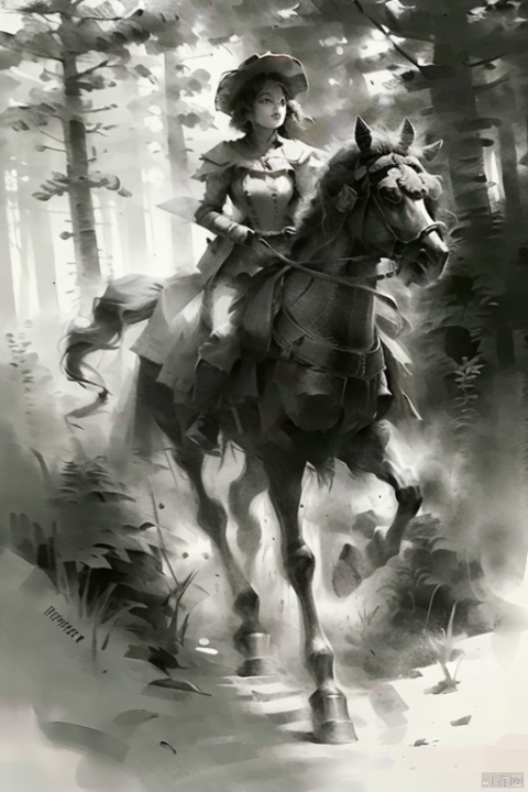 ((masterpiece)), best quality, perfect anatomy,8K wallpaper, parted lips,
1girl, riding a horse, full body, forest,