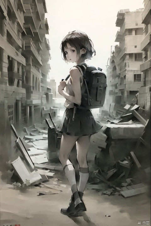 ((masterpiece)), best quality, perfect anatomy,8K wallpaper,
1girl, full body, camisole, miniskirt, short hair, holding, standing in ruins, wearing a backpack, 1girl