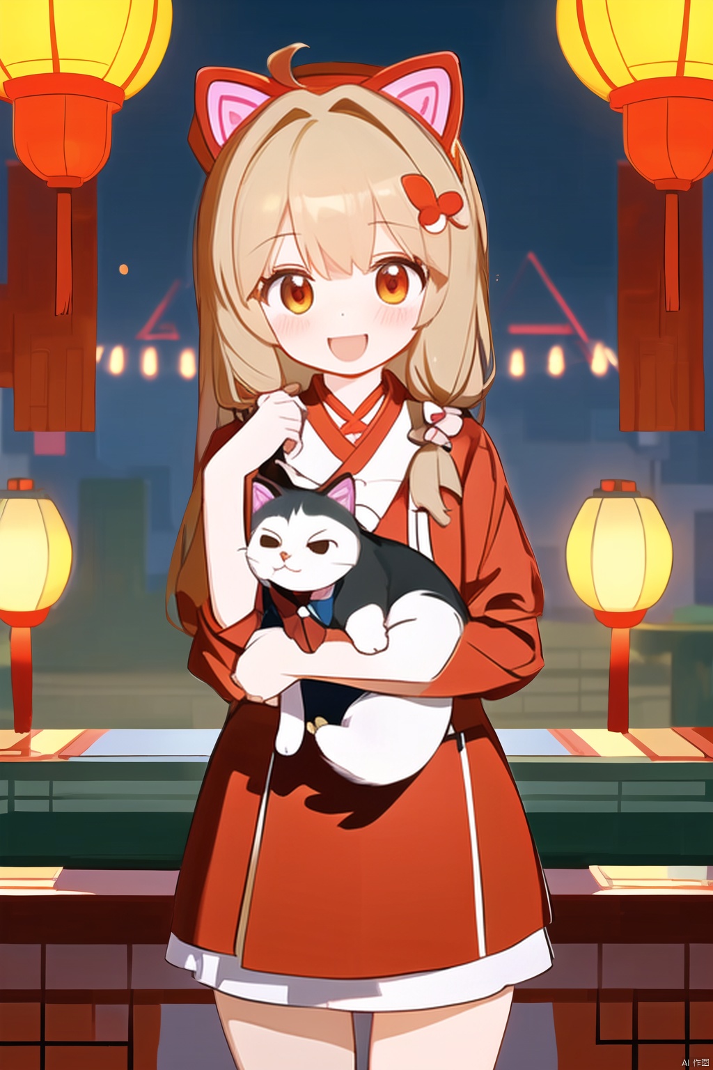  ((masterpiece)), ((best quality)), ((ultra-detailed)),((cat)),super cute,red hanfu,(hold red packet:1.2),spring festival,happy,laugh,lantern, maomika,无所谓