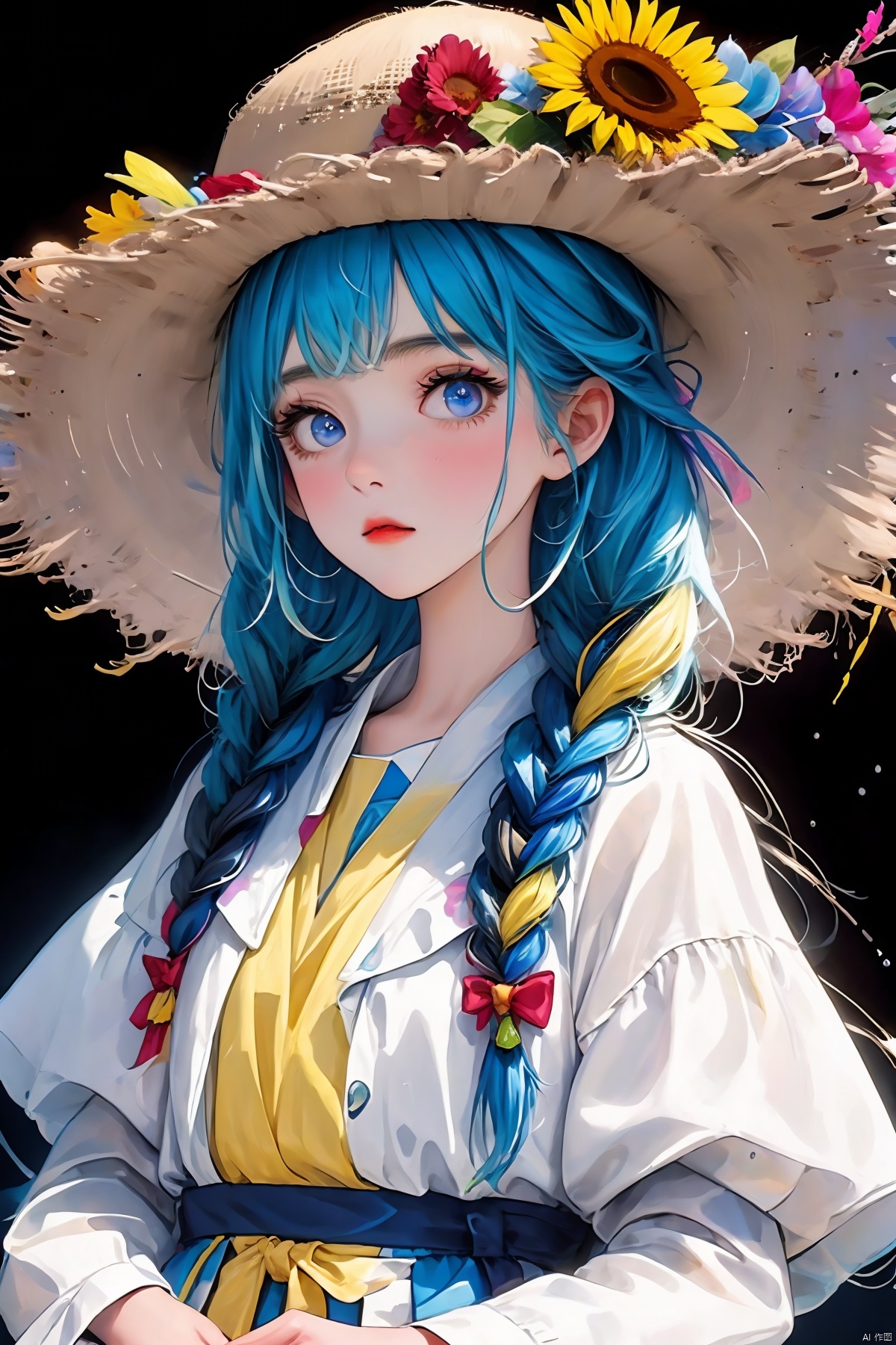  (best quality),(masterpiece),1girl, solo, flower, hat, twin braids, blue eyes, braid, blue hair, hat flower, looking at viewer, black background, long hair, simple background, upper body, sunflower, yellow flower, bangs, straw hat, dress, long sleeves, ribbon, bsx, Light-electric style