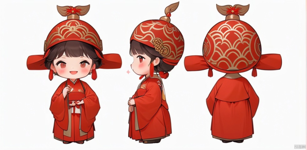 simple background,white background,hat,open mouth,long sleeves,multiple views,1girl,smile,blush stickers,profile,chibi,wide sleeves,standing, hanfu, wmchahua