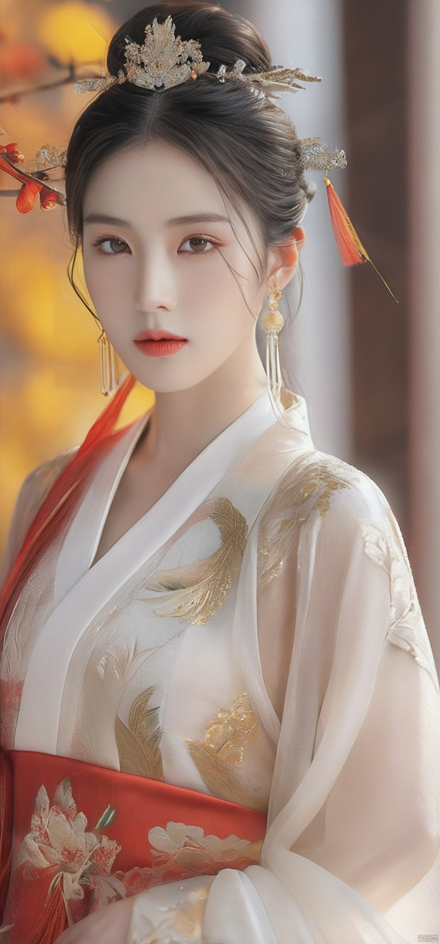masterpiece,1girl,white dress,upper body,walking,looking at viewer, masterpiece,32k,extremely detailed CG unity 8k wallpaper, best quality, vibrant colors, break, china goddess, see through,1girl, long hair, black hair,dodger red see through clothes,gold dress,transparent shawl,1girl,red hanfu,earrings,best quality,masterpiece,RAW photo, detailed face, beautiful symmetrical face, cute natural makeup, sadness, feminine, highly detailed, oriental minimalism, subtle elegance, hd , in the style of elegant clothing, realistic yet ethereal, simplistic designs, oriental, whimsical shapes, serene harmony beautiful symmetrical face, elegant, feminine, highly detailed, intricate,best quality, ultra-detailed, masterpiece, hires, 8k,(photorealistic),transparent,skin white and smooth,transparent shawl,high heels,