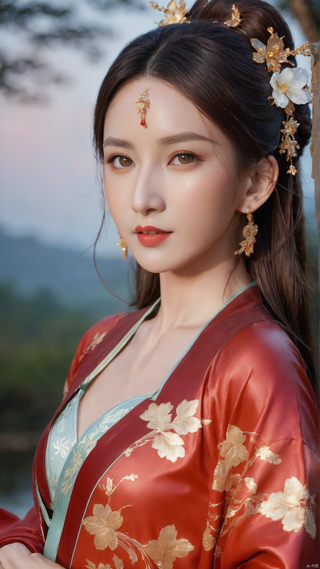  1girl,****_female,looking at viewer,standing,red and gold,
((upper_body:0.9)),full breasts, (medium breasts:1.2),long hair,eyes,Colored pupil,earrings,jewelry,earrings,jewelry, face focus, (perfect face), shiny skin, 
red and gold dress,(cloud pattern print hanfu), hanfu, 
forest, night background,metal,water, wet, 
masterpiece, best quality,depth of field, cinematic composition, best lighting,light master,RAW photo, dslr, film grain, Fujifilm XT3, night shot, light master,Hosino, Face Score, MAJICMIX STYLE, daxiushan,daxiushan style,hanfu,g001,