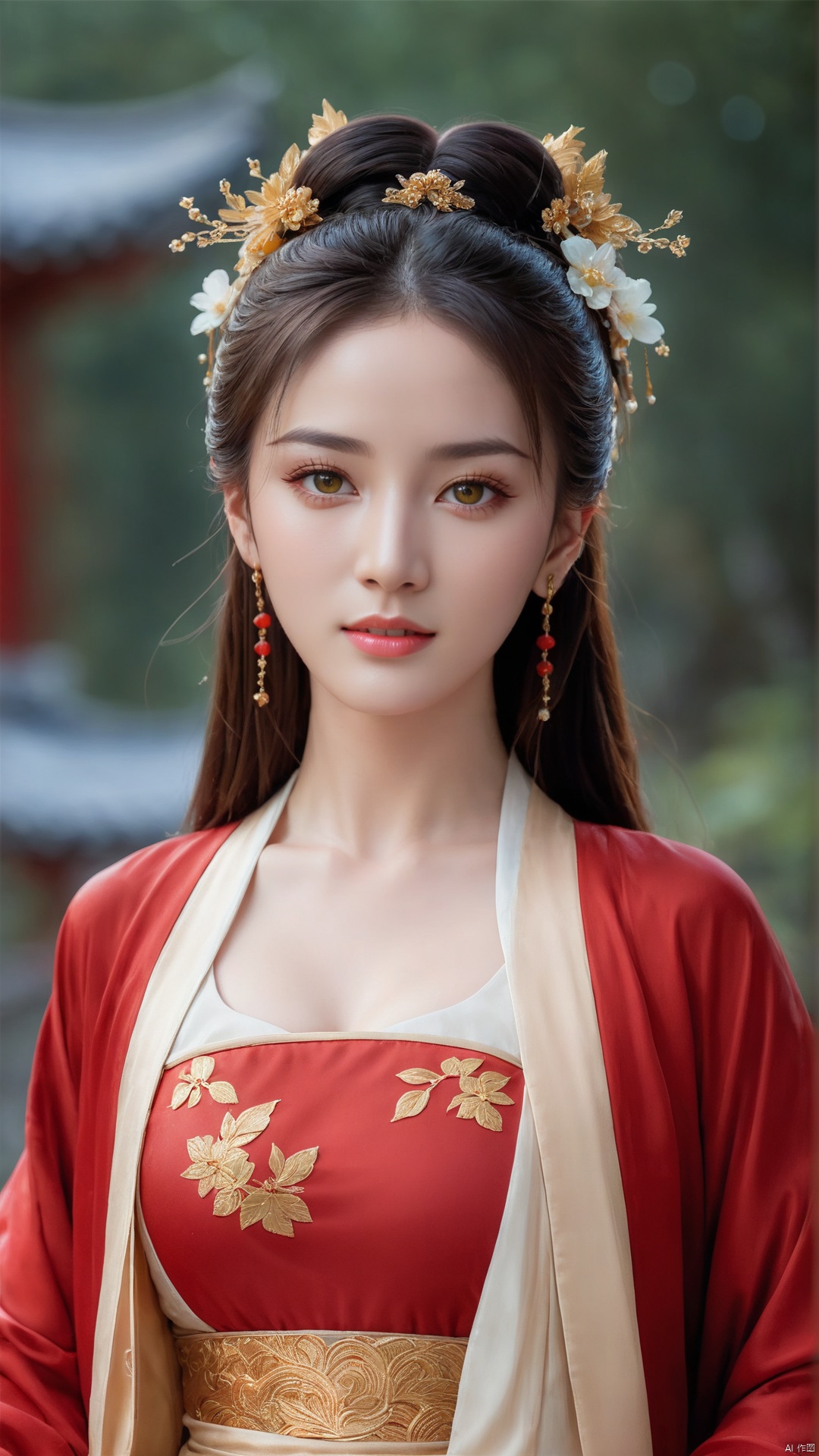  1girl,****_female,looking at viewer,standing,red and gold,
((upper_body:0.9)),full breasts, (medium breasts),long hair,eyes,Colored pupil,earrings,jewelry,earrings,jewelry, face focus, (perfect face), shiny skin, 
red and gold dress,(cloud pattern print hanfu), hanfu, 
forest, night background,metal,water, wet, 
masterpiece, best quality,depth of field, cinematic composition, best lighting,light master,RAW photo, dslr, film grain, Fujifilm XT3, night shot, light master,Hosino, Face Score, MAJICMIX STYLE, daxiushan,daxiushan style,hanfu,