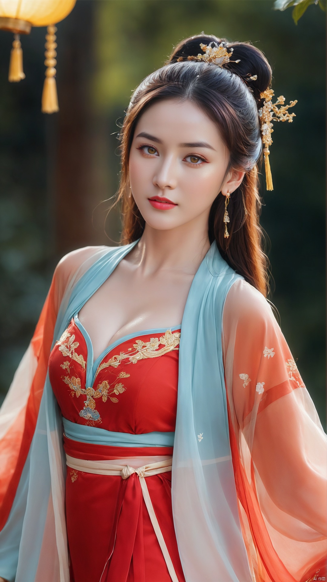  1girl,****_female,looking at viewer,standing,red and gold,
((upper_body:0.9)),full breasts, (medium breasts),long hair,eyes,Colored pupil,earrings,jewelry,earrings,jewelry, face focus, (perfect face), shiny skin, 
red and gold dress,(cloud pattern print hanfu), hanfu, 
forest, night background,metal,water, wet, 
masterpiece, best quality,depth of field, cinematic composition, best lighting,light master,RAW photo, dslr, film grain, Fujifilm XT3, night shot, light master,Hosino, Face Score, MAJICMIX STYLE, daxiushan,daxiushan style,hanfu,