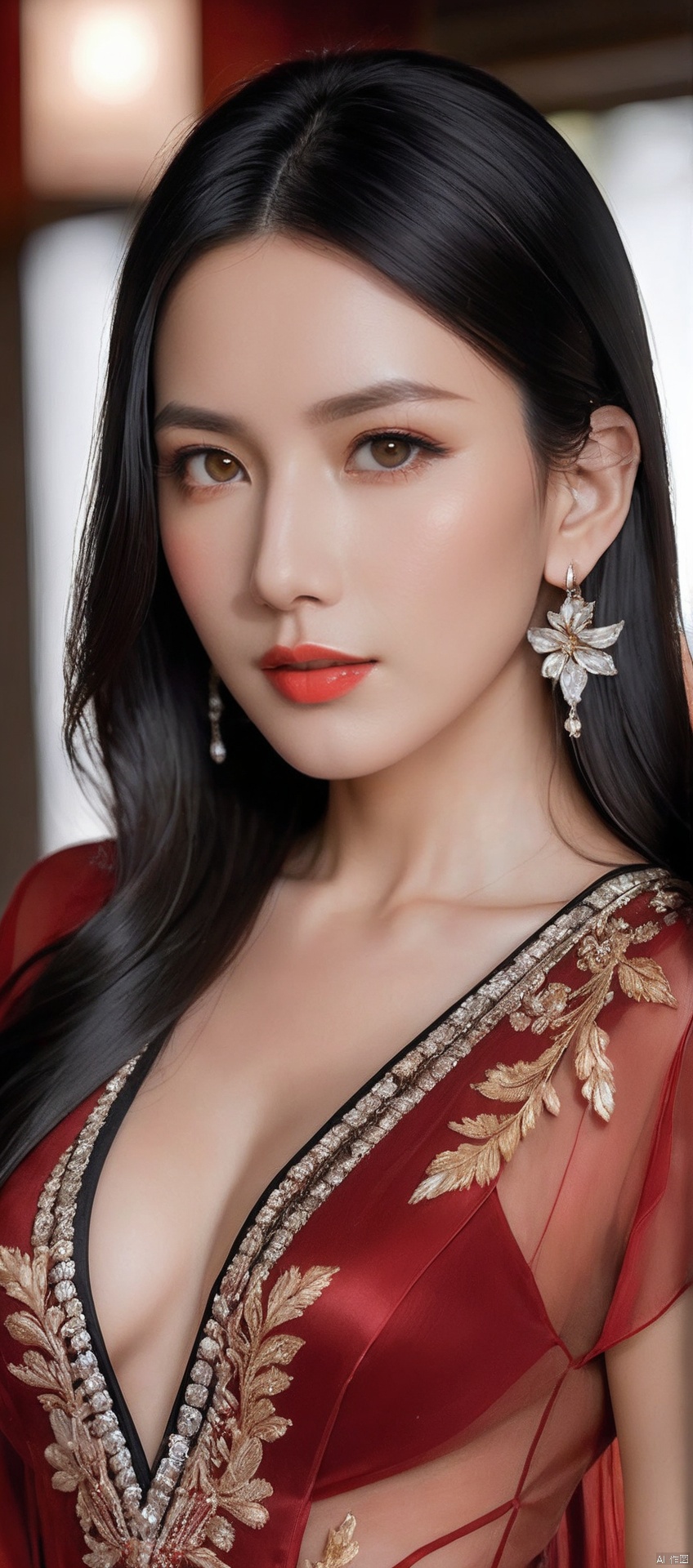 8k,RAW, Fujifilm XT3, masterpiece, best quality, photorealistic,1girl,solo, diamond stud earrings, long straight black hair, hazel eyes, serious expression, slender figure,(upper body shot), (upper body view),dodger red see through dress,red transparent shawl,beautiful symmetrical face,in the style of elegant clothing,high heels,g002,g001,