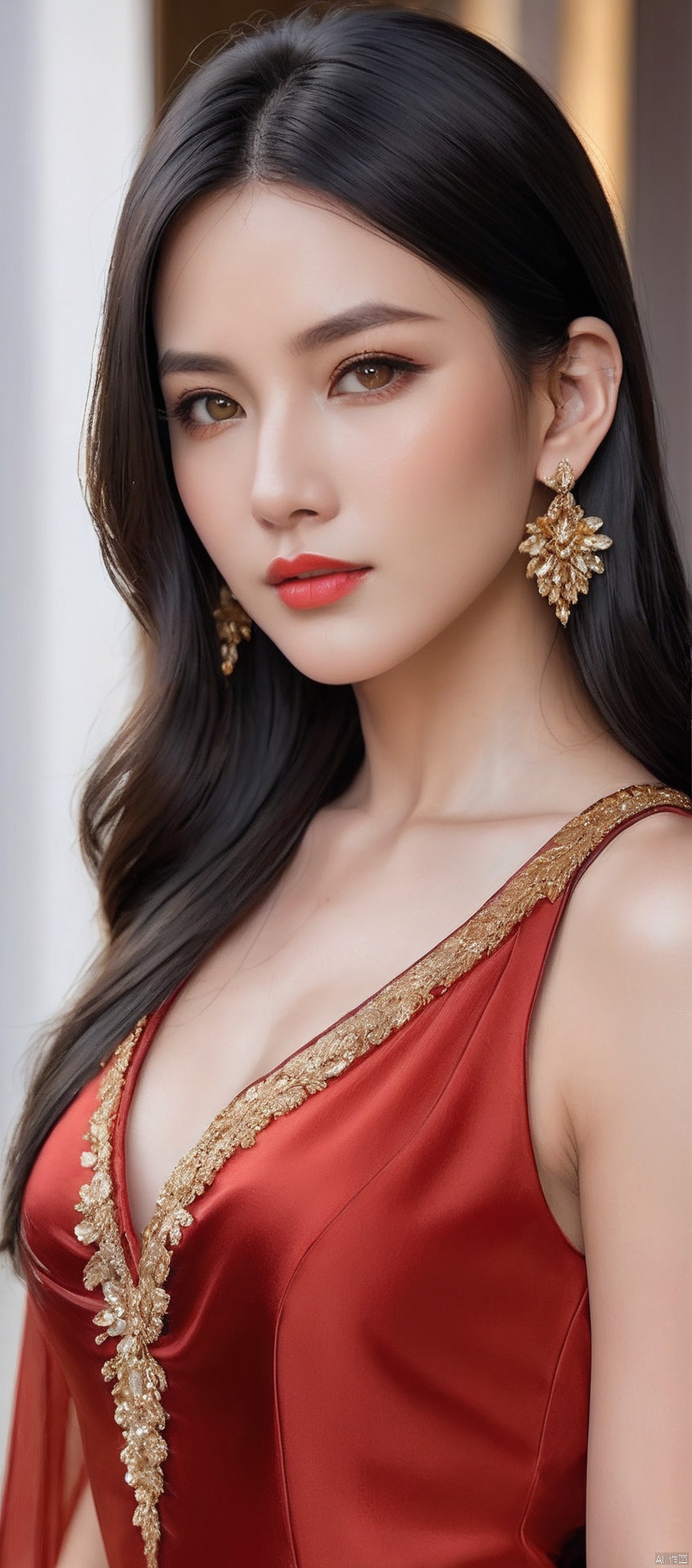 8k,RAW, Fujifilm XT3, masterpiece, best quality, photorealistic,1girl,solo, diamond stud earrings, long straight black hair, hazel eyes, serious expression, slender figure, wearing a red and gold blouse,red and gold dress,(upper body shot), (upper body view),dodger red and gold see through clothes,red and gold transparent shawl,beautiful symmetrical face,in the style of elegant clothing,high heels,g002,g001,