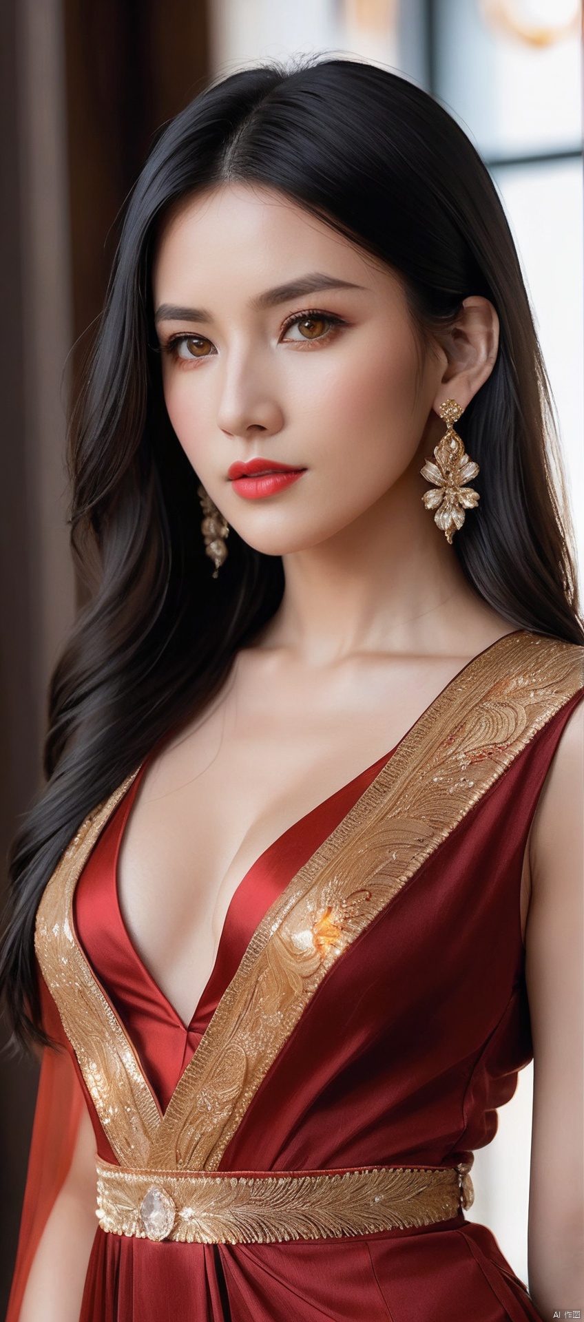 8k,RAW, Fujifilm XT3, masterpiece, best quality, photorealistic,1girl,solo, diamond stud earrings, long straight black hair, hazel eyes, serious expression, slender figure,(upper body shot), (upper body view),dodger red and gold see through dress,red and gold transparent shawl,beautiful symmetrical face,in the style of elegant clothing,high heels,g002,g001,