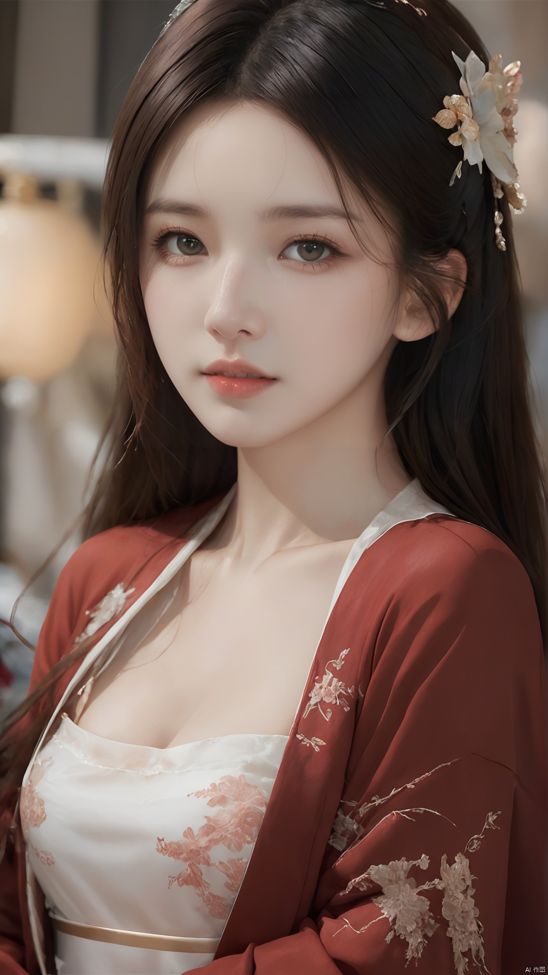  (full body:0.9),((best quality)), ((masterpiece)), ((ultra-detailed)),((detailed light)), (an extremely delicate and beautiful), a girl, solo, ((upper body,)), ((cute face)), expressionless, full breasts, (medium breasts:1.2),earrings,jewelry, (beautiful detailed eyes), blue eyes,black hair, shiny hair, colored inner hair, red hair ornament, depth of field, daxiushan,daxiushan style,red hanfu, g001, daxiushan, hanfu,MAJICMIX STYLE,