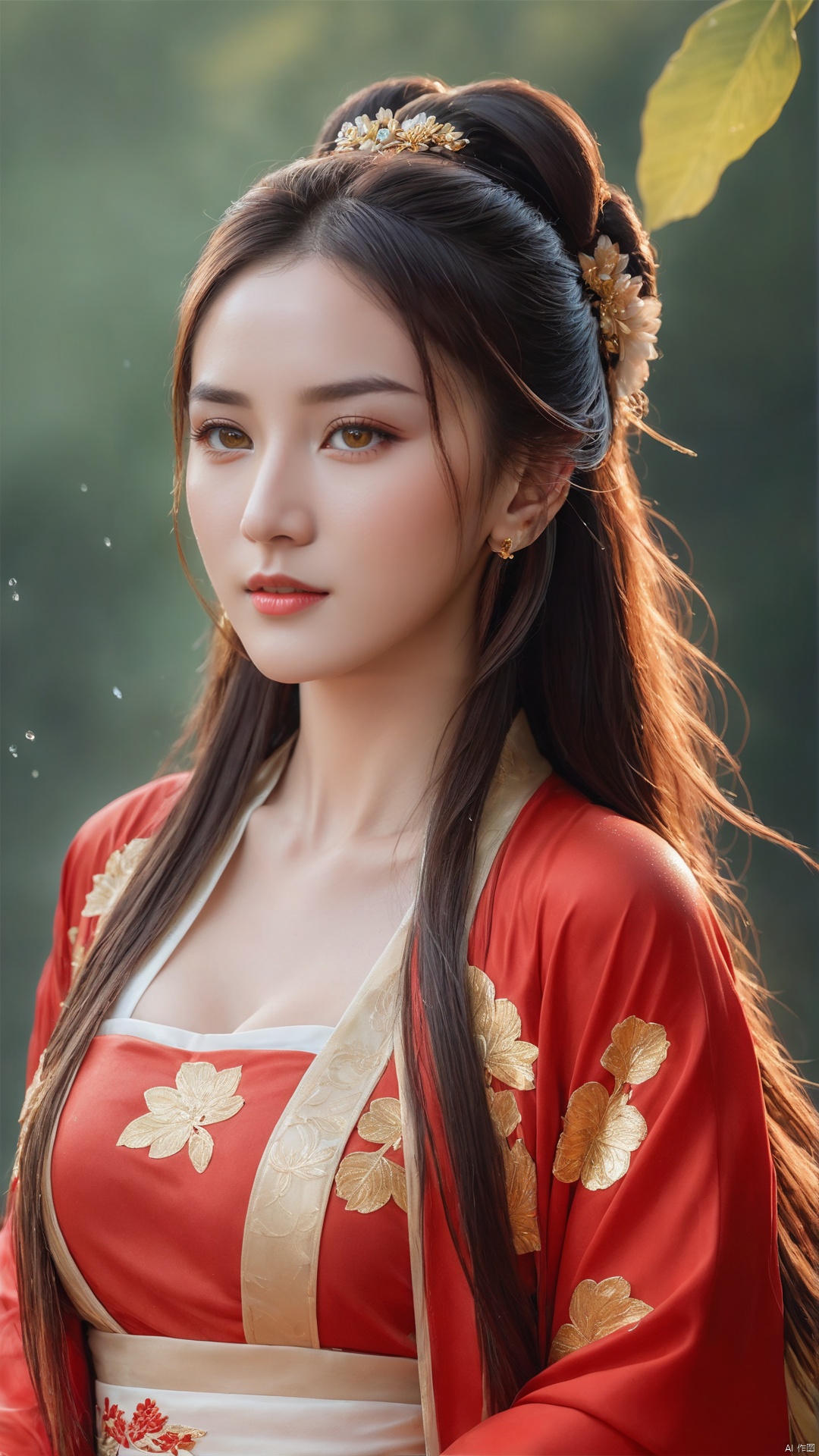 1girl,****_female,looking at viewer,standing,red and gold,
((upper_body:0.9)),full breasts, (medium breasts),long hair,eyes,Colored pupil,earrings,jewelry,earrings,jewelry, face focus, (perfect face), shiny skin, 
red and gold dress,(cloud pattern print hanfu), hanfu, 
forest, night background,metal,water, wet, 
masterpiece, best quality,depth of field, cinematic composition, best lighting,light master,RAW photo, dslr, film grain, Fujifilm XT3, night shot, light master,Hosino, Face Score, MAJICMIX STYLE, daxiushan,daxiushan style,hanfu,