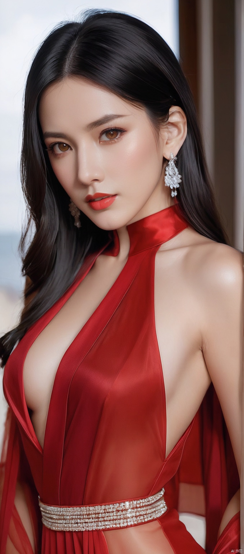 8k,RAW, Fujifilm XT3, masterpiece, best quality, photorealistic,1girl,solo, diamond stud earrings, long straight black hair, hazel eyes, serious expression, slender figure,(upper body shot), (upper body view),dodger red see through dress,red transparent shawl,beautiful symmetrical face,in the style of elegant clothing,high heels,g002,g001,