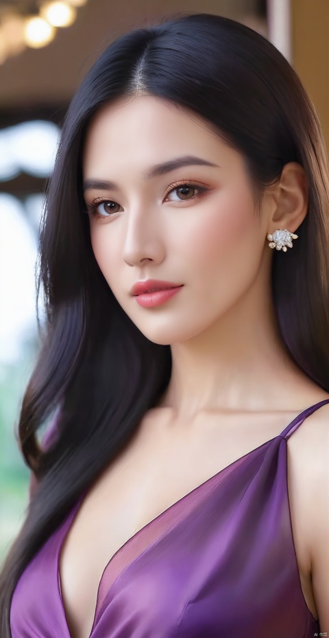 8k,RAW, Fujifilm XT3, masterpiece, best quality, photorealistic of 1girl ,solo, diamond stud earrings, long straight black hair, hazel eyes, serious expression, slender figure, wearing a purple blouse,masterpiece,1girl,purple dress,(upper body shot:0.7), (upper body view),best quality,long hair, black hair,purple transparent shawl,earrings,beautiful symmetrical face,in the style of elegant clothing,skin white and smooth,high heels,g009,g010,