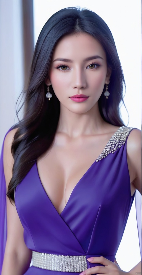 8k,RAW, Fujifilm XT3, masterpiece, best quality, photorealistic of 1girl ,solo, diamond stud earrings, long straight black hair, hazel eyes, serious expression, slender figure, wearing a purple blouse,masterpiece,1girl,purple dress,(upper body shot:0.7), (upper body view),best quality,long hair, black hair,purple transparent shawl,earrings,beautiful symmetrical face,in the style of elegant clothing,skin white and smooth,high heels,g007