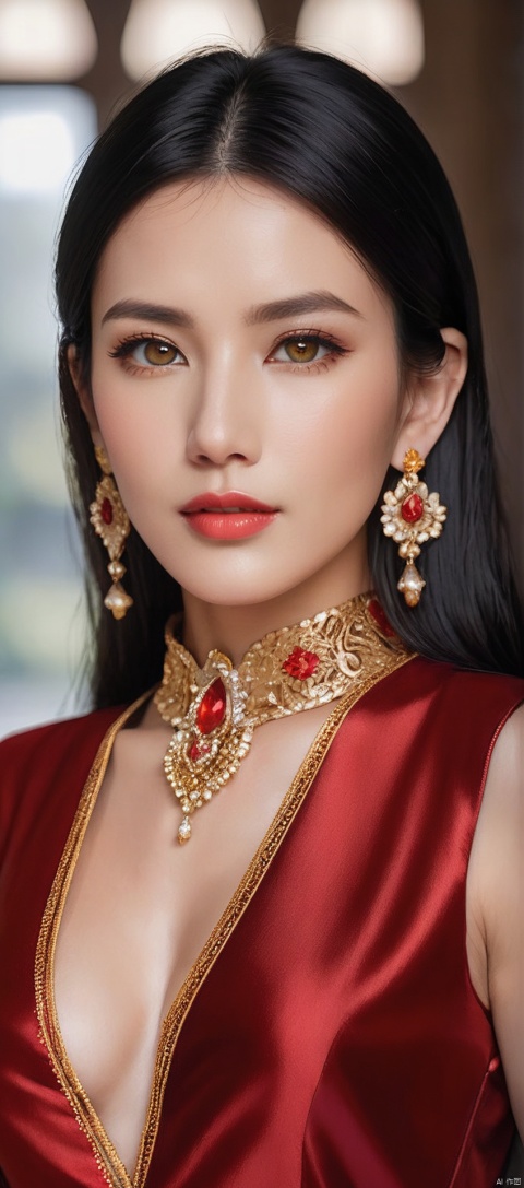 8k,RAW, Fujifilm XT3, masterpiece, best quality, photorealistic,1girl,solo, diamond stud earrings, long straight black hair, hazel eyes, serious expression, slender figure, wearing a red and gold blouse,red and gold dress,(upper body shot), (upper body view),dodger red and gold see through clothes,red and gold transparent shawl,beautiful symmetrical face,in the style of elegant clothing,high heels,g002,g001,