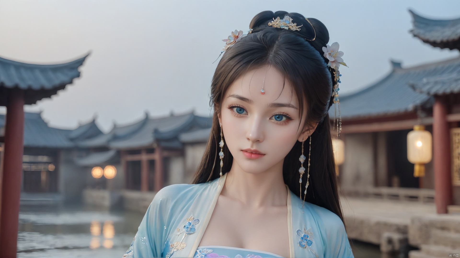  1girl,(((face focus))), ****_female,standing,daxiushan,daxiushan style,hanfu,
((upper_body:0.7)),full breasts, (((larger breasts:1.2))),long hair,blue eyes,Pastel lips, pupil,earrings,jewelry,(perfect face), shiny skin, 
(china jiangnan water town style),water, wet, 
masterpiece, best quality,depth of field, cinematic composition, best lighting,light master,RAW photo, dslr, film grain, Fujifilm XT3, night shot,