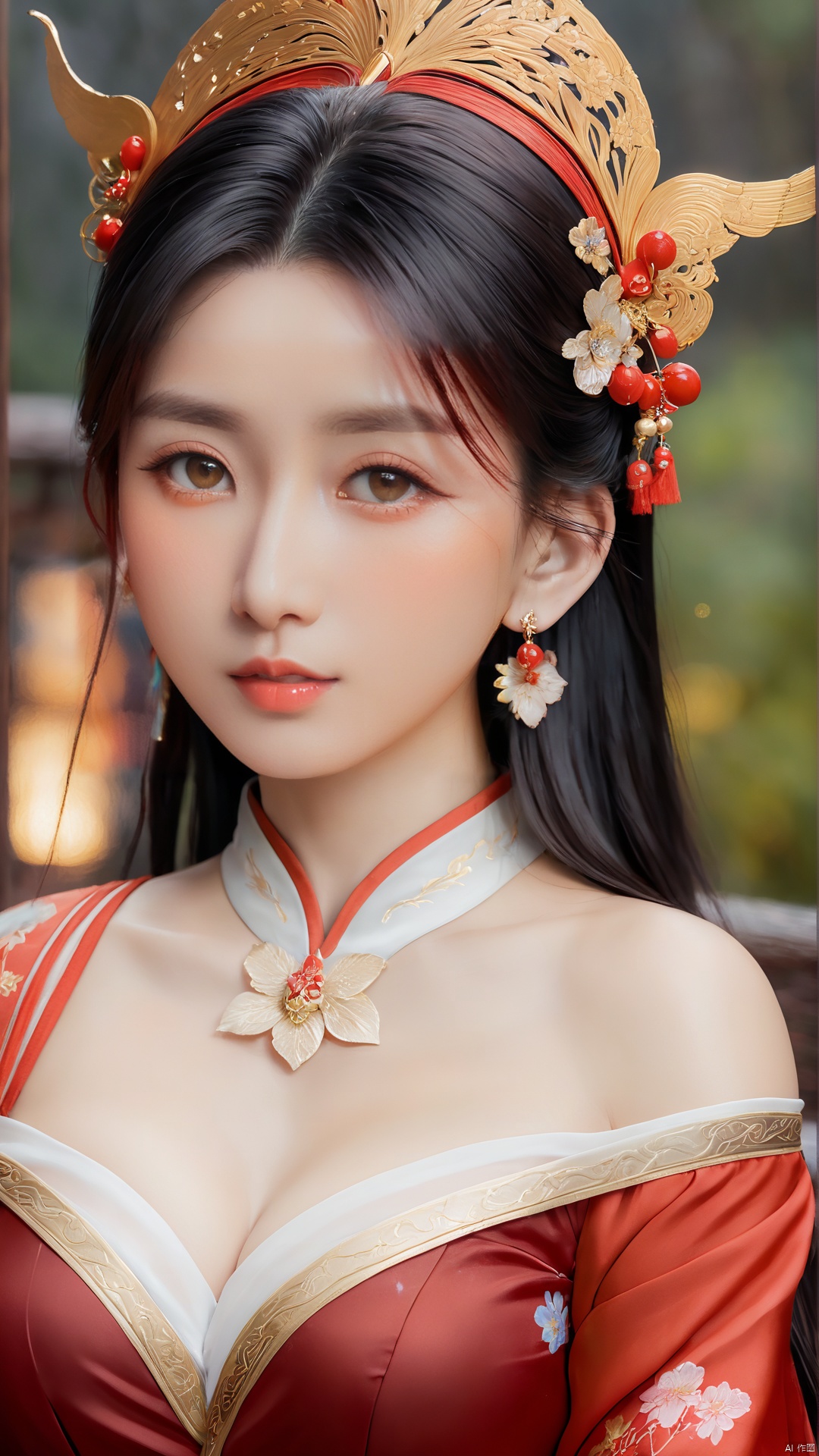  1girl,****_female,looking at viewer,standing,red,gold,hairpin,
((upper_body:0.9)),full breasts, (medium breasts),long hair,eyes,Colored pupil,earrings,jewelry,earrings,jewelry, face focus, (perfect face), shiny skin, 
red dress,(cloud pattern print hanfu), hanfu, 
forest, night background,metal,water, wet, 
masterpiece, best quality,depth of field, cinematic composition, best lighting,light master,RAW photo, dslr, film grain, Fujifilm XT3, night shot, light master,Hosino, Face Score, MAJICMIX STYLE, daxiushan,daxiushan style,hanfu,upper body,walking,looking at viewer, masterpiece,32k,extremely detailed CG unity 8k wallpaper, best quality, vibrant colors, break, china goddess,1girl, long hair, black hair,dodger red and gold see through clothes, off shoulder,transparent shawl,