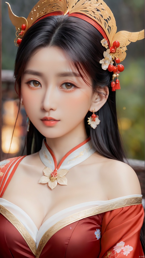  1girl,sole_female,looking at viewer,standing,red,gold,hairpin,
((upper_body:0.9)),full breasts, (medium breasts),long hair,eyes,Colored pupil,earrings,jewelry,earrings,jewelry, face focus, (perfect face), shiny skin, 
red dress,(cloud pattern print hanfu), hanfu, 
forest, night background,metal,water, wet, 
masterpiece, best quality,depth of field, cinematic composition, best lighting,light master,RAW photo, dslr, film grain, Fujifilm XT3, night shot, light master,Hosino, Face Score, MAJICMIX STYLE, daxiushan,daxiushan style,hanfu,upper body,walking,looking at viewer, masterpiece,32k,extremely detailed CG unity 8k wallpaper, best quality, vibrant colors, break, china goddess,1girl, long hair, black hair,dodger red and gold see through clothes, off shoulder,transparent shawl,