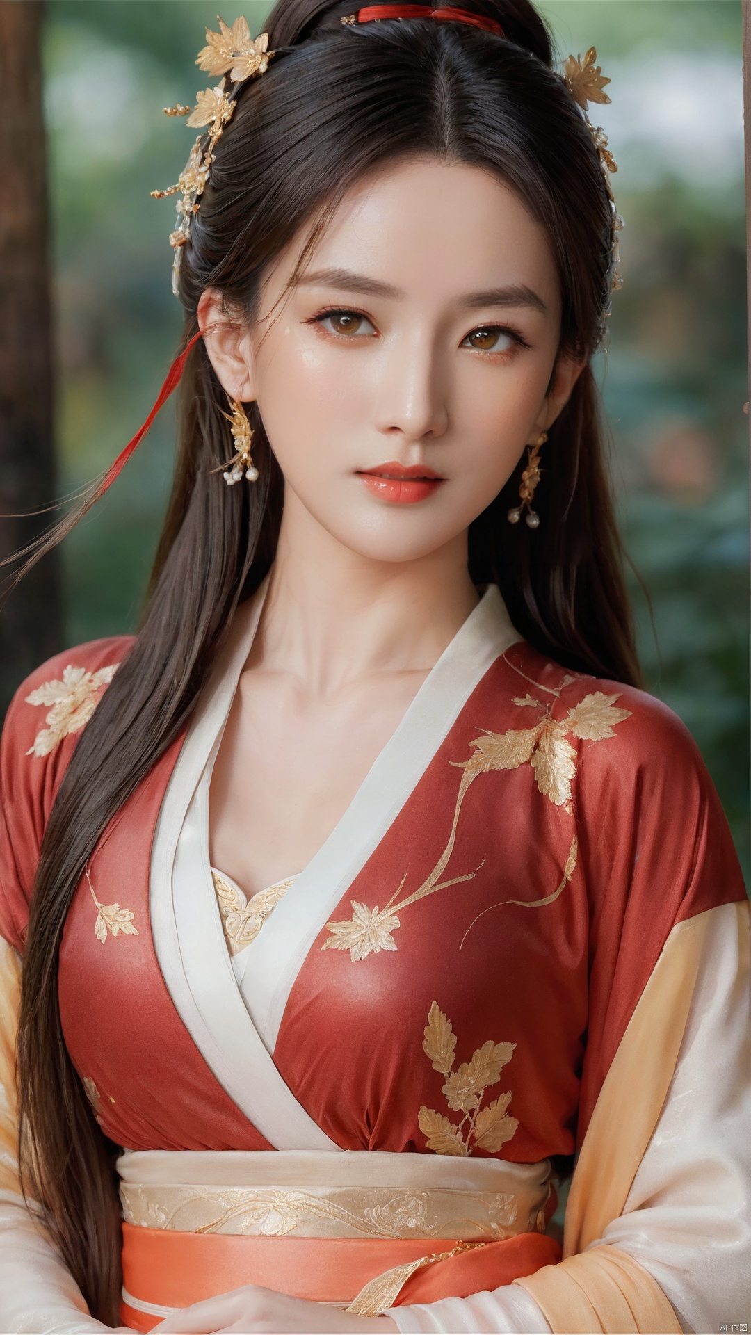  1girl,****_female,looking at viewer,standing,red and gold,
((upper_body:0.9)),full breasts, (medium breasts:1.2),long hair,eyes,Colored pupil,earrings,jewelry,earrings,jewelry, face focus, (perfect face), shiny skin, 
red and gold dress,(cloud pattern print hanfu), hanfu, 
forest, night background,metal,water, wet, 
masterpiece, best quality,depth of field, cinematic composition, best lighting,light master,RAW photo, dslr, film grain, Fujifilm XT3, night shot, light master,Hosino, Face Score, MAJICMIX STYLE, daxiushan,daxiushan style,hanfu,g001,