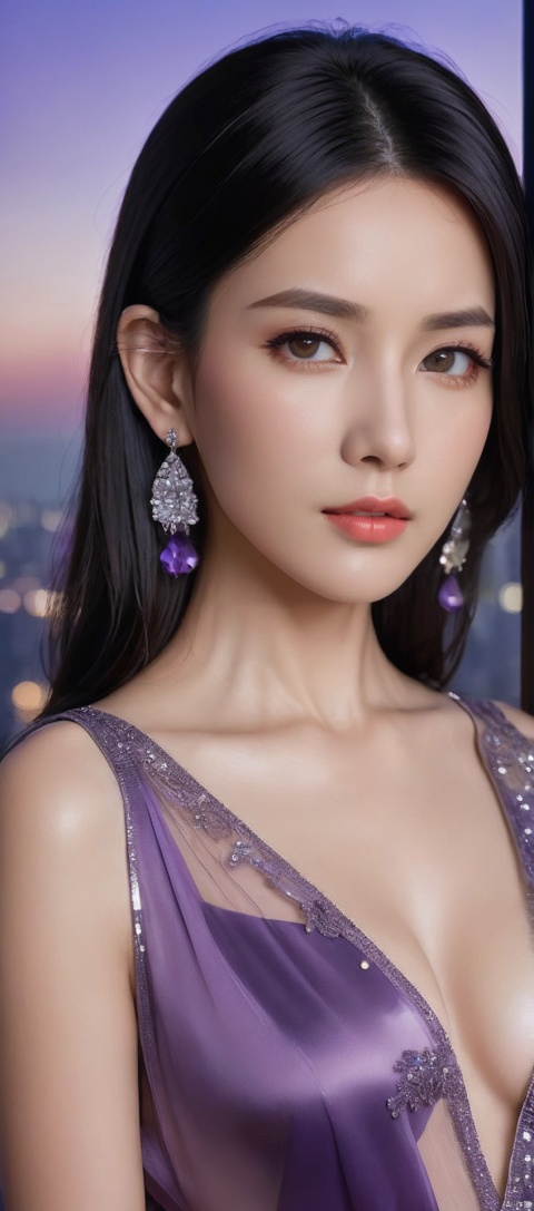 8k,RAW, Fujifilm XT3, masterpiece, best quality, photorealistic of 1girl ,solo, diamond stud earrings, long straight black hair, hazel eyes, serious expression, slender figure, wearing a purple blouse, standing against a city skyline at night,masterpiece,1girl,purple dress,(upper body shot), (upper body view),best quality,long hair, black hair,dodger see through clothes,purple transparent shawl,earrings,beautiful symmetrical face,in the style of elegant clothing,skin white and smooth,high heels,g001,