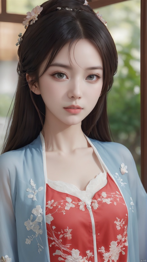  (half body:1.2),((best quality)), ((masterpiece)), ((ultra-detailed)),((detailed light)), (an extremely delicate and beautiful), a girl, solo, ((upper body,)), ((cute face)), expressionless, full breasts, (medium breasts:1.2),earrings,jewelry, (beautiful detailed eyes), blue eyes,black hair, shiny hair, colored inner hair, red hair ornament, depth of field, daxiushan,daxiushan style,red hanfu, g001, daxiushan, hanfu,MAJICMIX STYLE, Red cape,