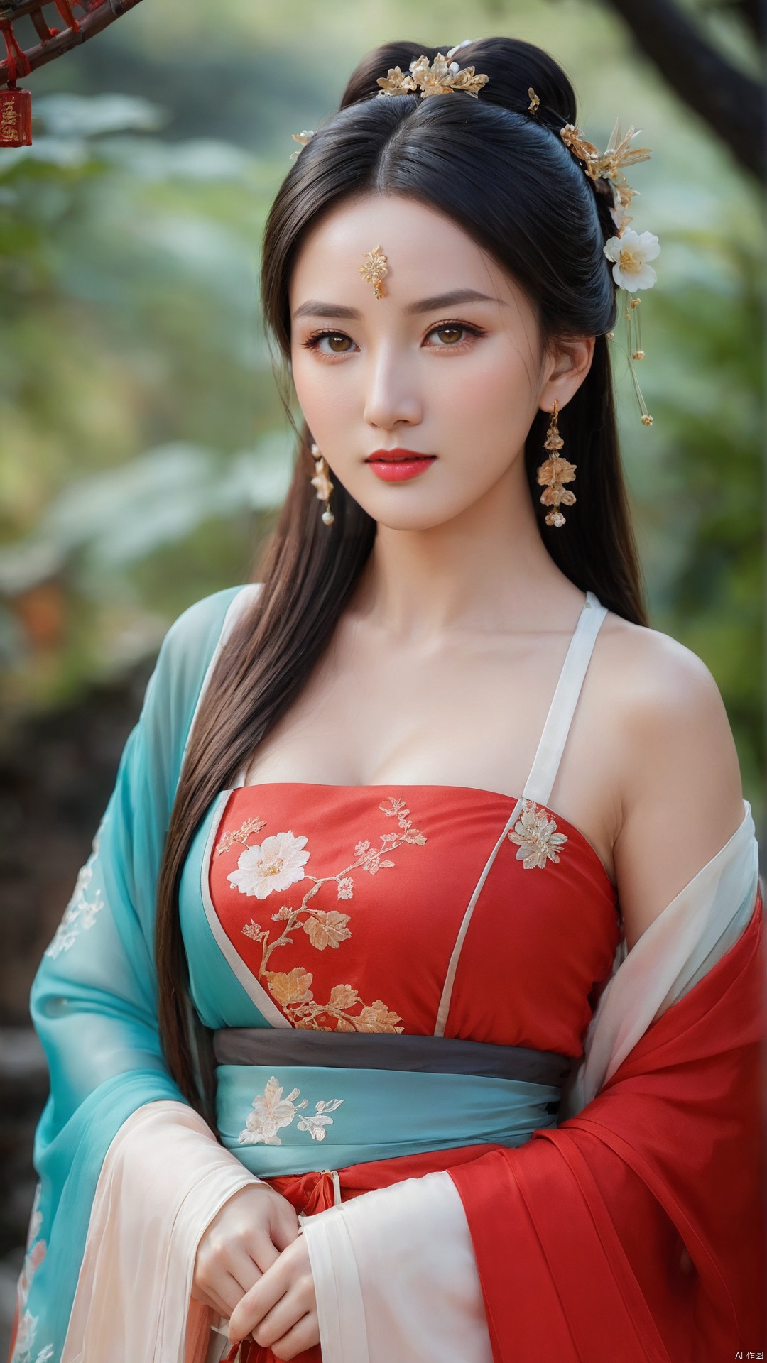  1girl,****_female,looking at viewer,standing,
((upper_body:0.9)),full breasts, (medium breasts),long hair,eyes,Colored pupil,earrings,jewelry,earrings,jewelry, face focus, (perfect face), shiny skin, 
red dress,(cloud pattern print hanfu), hanfu, 
forest, night background,metal,water, wet, 
masterpiece, best quality,depth of field, cinematic composition, best lighting,light master,RAW photo, dslr, film grain, Fujifilm XT3, night shot, light master,Hosino, Face Score, MAJICMIX STYLE, daxiushan,daxiushan style,hanfu,upper body,walking,looking at viewer, masterpiece,32k,extremely detailed CG unity 8k wallpaper, best quality, vibrant colors, break, china goddess,1girl, long hair, black hair,dodger red and gold see through clothes, off shoulder,transparent shawl,g001,
