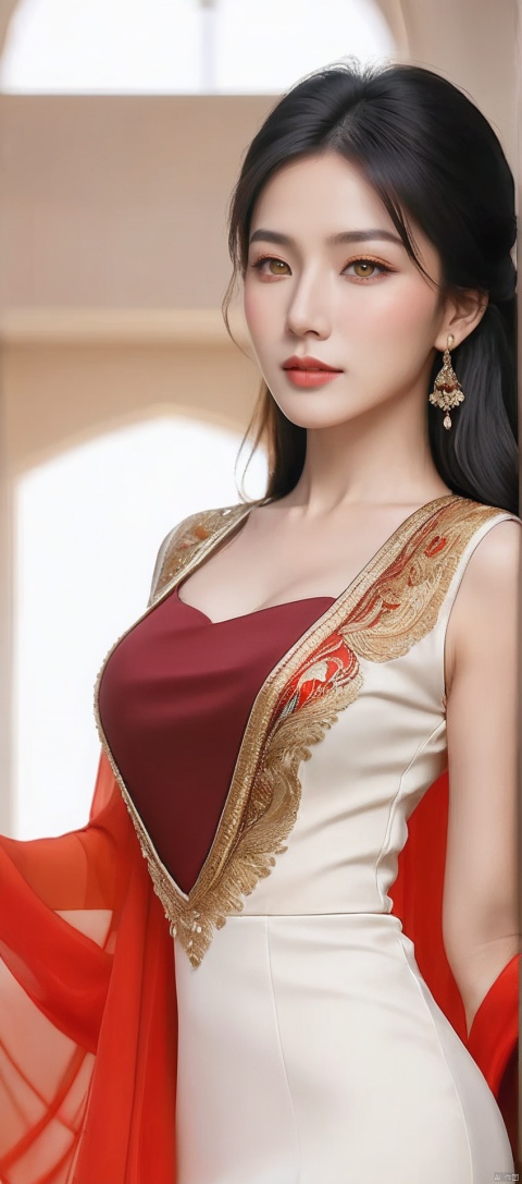 8k,RAW, Fujifilm XT3, masterpiece, best quality, photorealistic,1girl,solo, diamond stud earrings, long straight black hair, hazel eyes, serious expression, slender figure, wearing a red and gold blouse,red and gold dress,(upper body shot), (upper body view),dodger red and gold see through clothes,red and gold transparent shawl,beautiful symmetrical face,in the style of elegant clothing,skin white and smooth,high heels,g002,