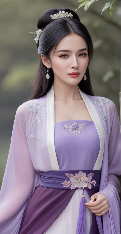 8k,RAW, Fujifilm XT3, masterpiece, best quality, photorealistic of 1girl ,solo, diamond stud earrings, long straight black hair, hazel eyes, serious expression, slender figure, wearing a purple blouse,masterpiece,1girl,purple dress,(upper body shot:0.7), (upper body view),best quality,long hair, black hair,purple transparent shawl,earrings,beautiful symmetrical face,in the style of elegant clothing,skin white and smooth,high heels,purple hanfu,hanfu,daxiushan,g006,g007,