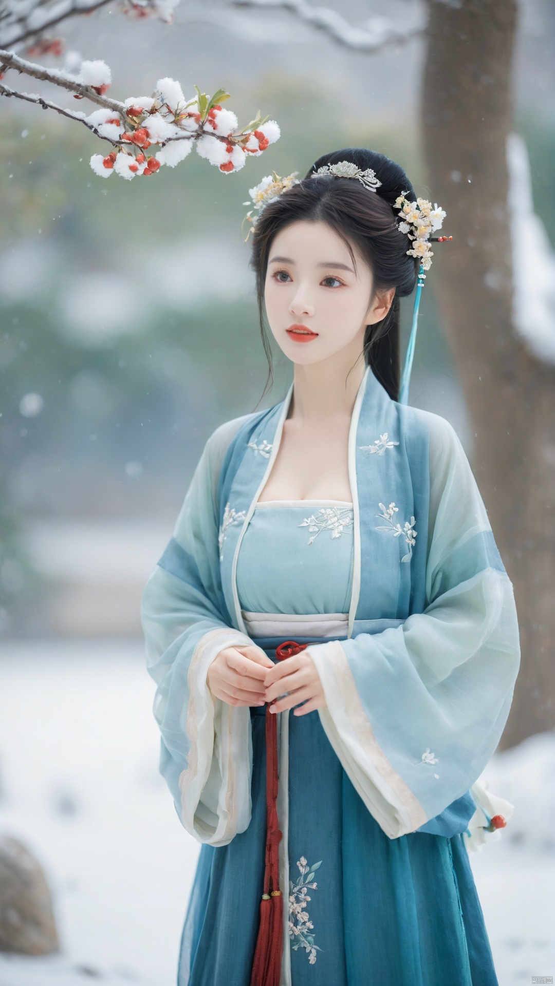  upper body,hanfu dress,big breasts, a beautiful girl is standing,The Han costume of the Song Dynasty, the whole body,Flower basket,beautiful face,be affectionate,long eyelashes,high nose,Song Dynasty Hanfu, Winter, snowy days, snowfall, snow on tree tops, snow on the ground,gentle depth of field and soft bokeh,Capture the image as if it were taken on an 35mm film for added charm, looking at viewer,35mm photograph,The main color tone of the screen is blue, with a film style (aperture: f/1.4, ISO-100, focal length: 35mm), Full body, denim lens,film, bokeh, professional, 4k, highly detailed, MAJICMIX STYLE, light master, (big breasta:1.79),
