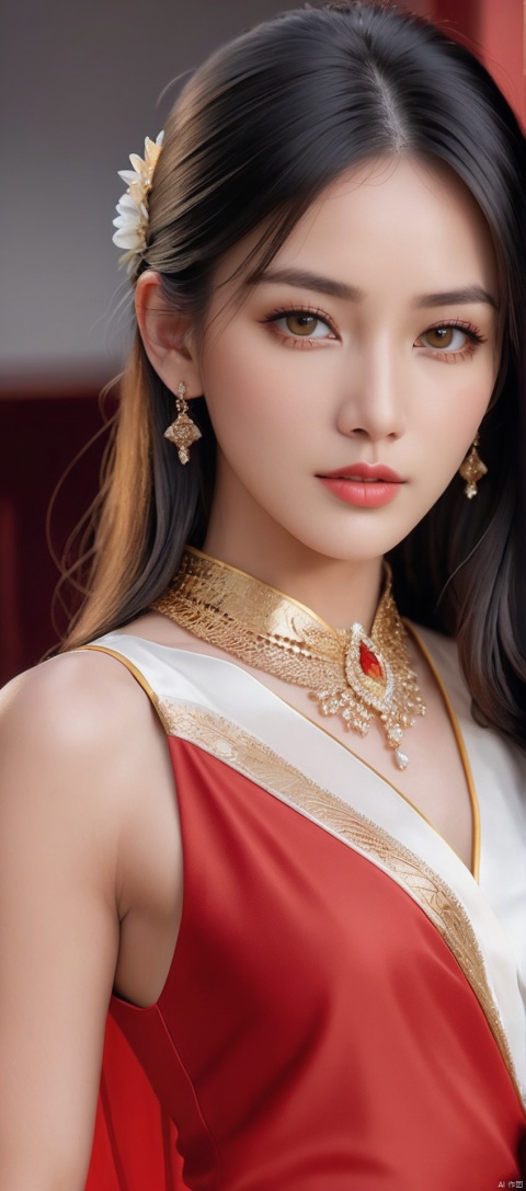 8k,RAW, Fujifilm XT3, masterpiece, best quality, photorealistic,1girl,solo, diamond stud earrings, long straight black hair, hazel eyes, serious expression, slender figure, wearing a red and gold blouse,red and gold dress,(upper body shot), (upper body view),dodger red and gold see through clothes,red and gold transparent shawl,beautiful symmetrical face,in the style of elegant clothing,skin white and smooth,high heels,g002,