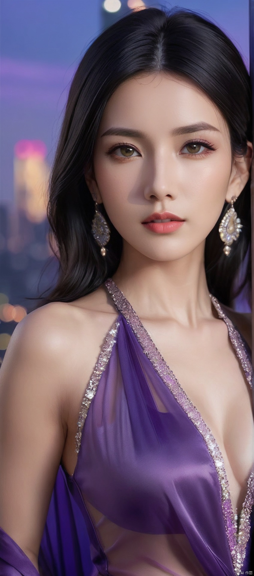 8k,RAW, Fujifilm XT3, masterpiece, best quality, photorealistic of 1girl ,solo, diamond stud earrings, long straight black hair, hazel eyes, serious expression, slender figure, wearing a purple blouse, standing against a city skyline at night,masterpiece,1girl,purple dress,(upper body shot), (upper body view),best quality,long hair, black hair,dodger see through clothes,purple transparent shawl,earrings,beautiful symmetrical face,in the style of elegant clothing,skin white and smooth,high heels,g001,