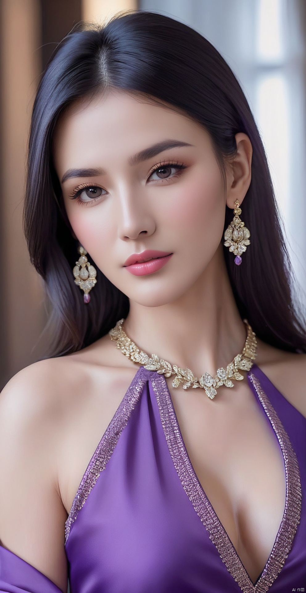 8k,RAW, Fujifilm XT3, masterpiece, best quality, photorealistic of 1girl ,solo, diamond stud earrings, long straight black hair, hazel eyes, serious expression, slender figure, wearing a purple blouse,masterpiece,1girl,purple dress,(upper body shot:0.7), (upper body view),best quality,long hair, black hair,purple transparent shawl,earrings,beautiful symmetrical face,in the style of elegant clothing,skin white and smooth,high heels,g007