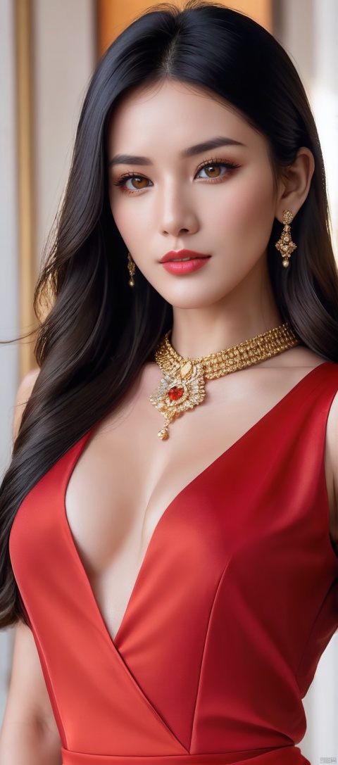 8k,RAW, Fujifilm XT3, masterpiece, best quality, photorealistic,1girl,solo, diamond stud earrings, long straight black hair, hazel eyes, serious expression, slender figure, wearing a red and gold blouse,red and gold dress,(upper body shot), (upper body view),dodger red and gold see through clothes,red and gold transparent shawl,beautiful symmetrical face,in the style of elegant clothing,skin white and smooth,high heels,g002,