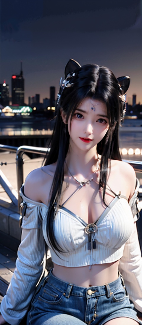  (((1 girl))), (medium breasts),((upper body:1)),1girl, breasts, solo, black hair, navel, jeans, denim, pants, cityscape, sweater, night, long hair, hand on own chest, large breasts, midriff, sitting, looking at viewer, white sweater, sky, night sky, off shoulder, railing, city, city lights, outdoors, lips, arm support, cleavage, collarbone, long sleeves, crop top,jiangli,girl, jujingyi, 1girl, Unreal